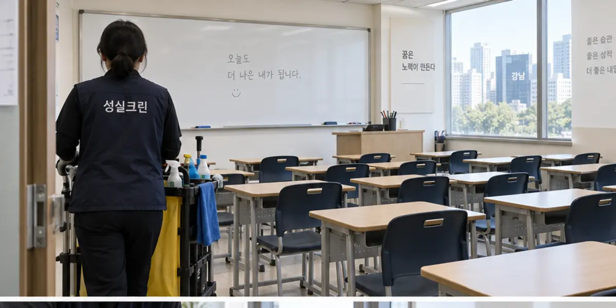 도봉구 학원청소 현장에서 곤색 성실크린 조끼를 입은 작업자가 청소하는 모습
