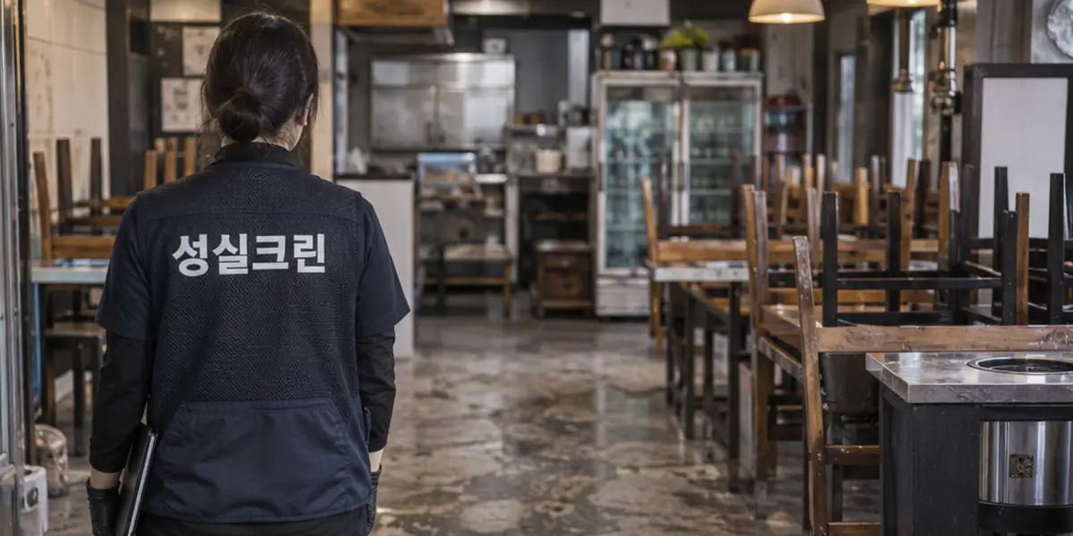 부산북구 일회성대청소 현장에서 곤색 성실크린 조끼를 입은 작업자가 청소하는 모습