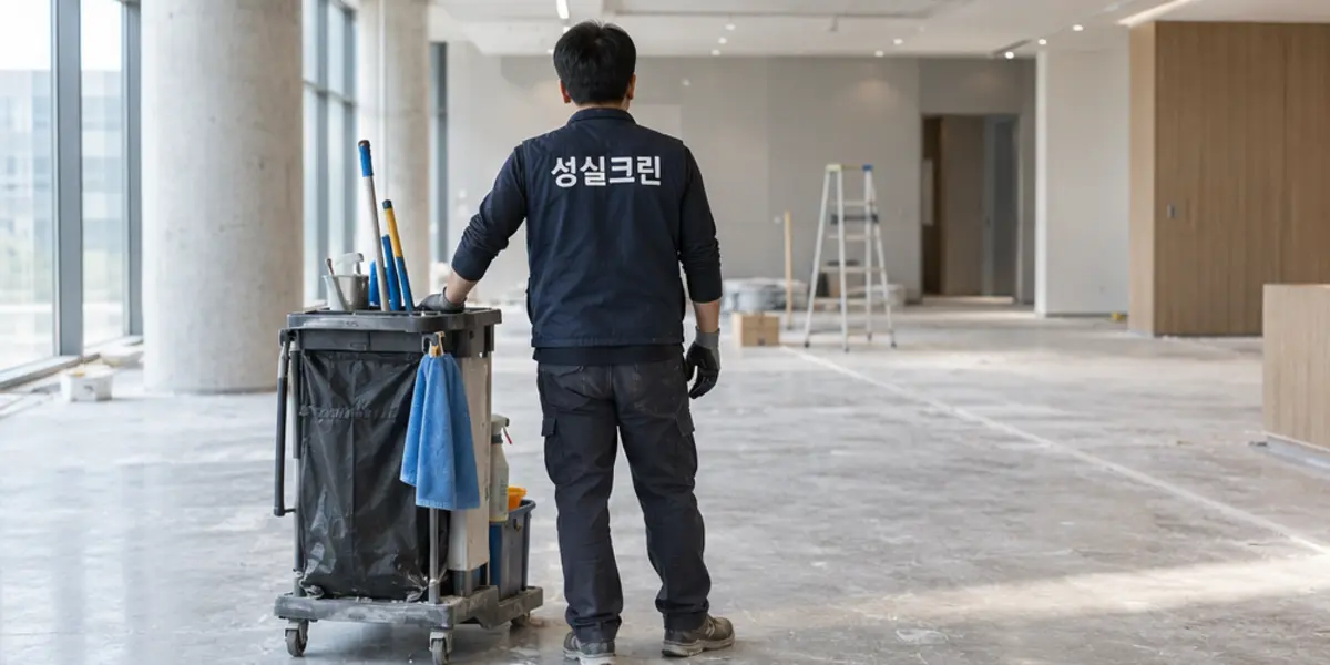 부산북구 준공청소 현장에서 곤색 성실크린 조끼를 입은 작업자가 청소하는 모습