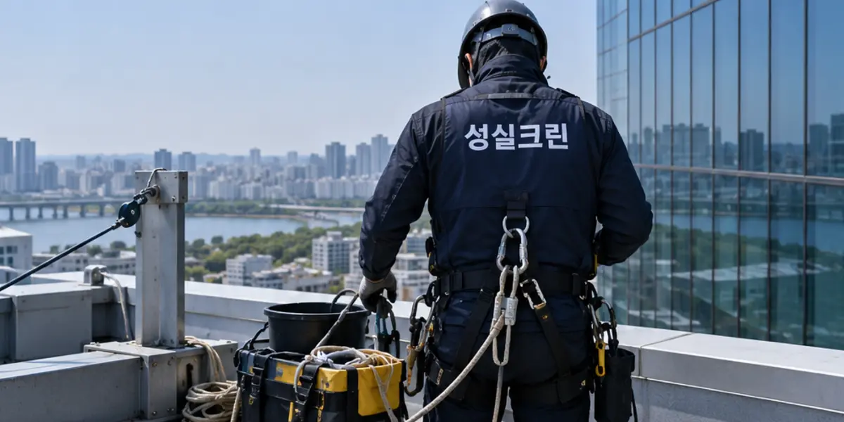 부산 건물외벽청소 현장에서 곤색 성실크린 조끼를 입은 작업자가 청소하는 모습