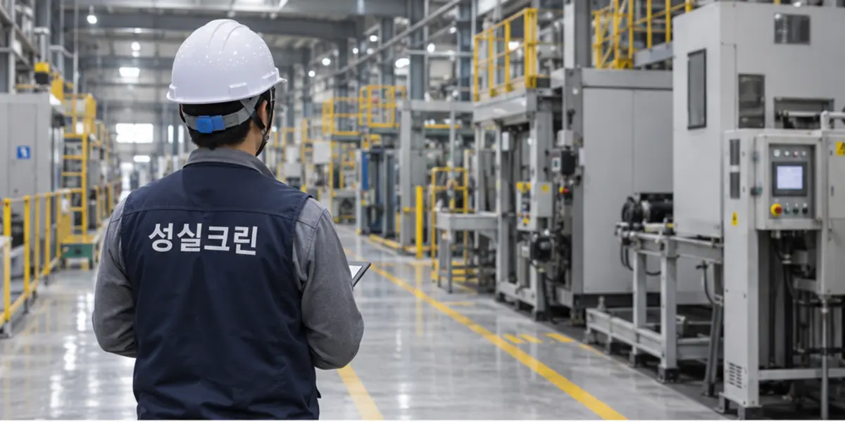 부산 공장청소 현장에서 곤색 성실크린 조끼를 입은 작업자가 청소하는 모습