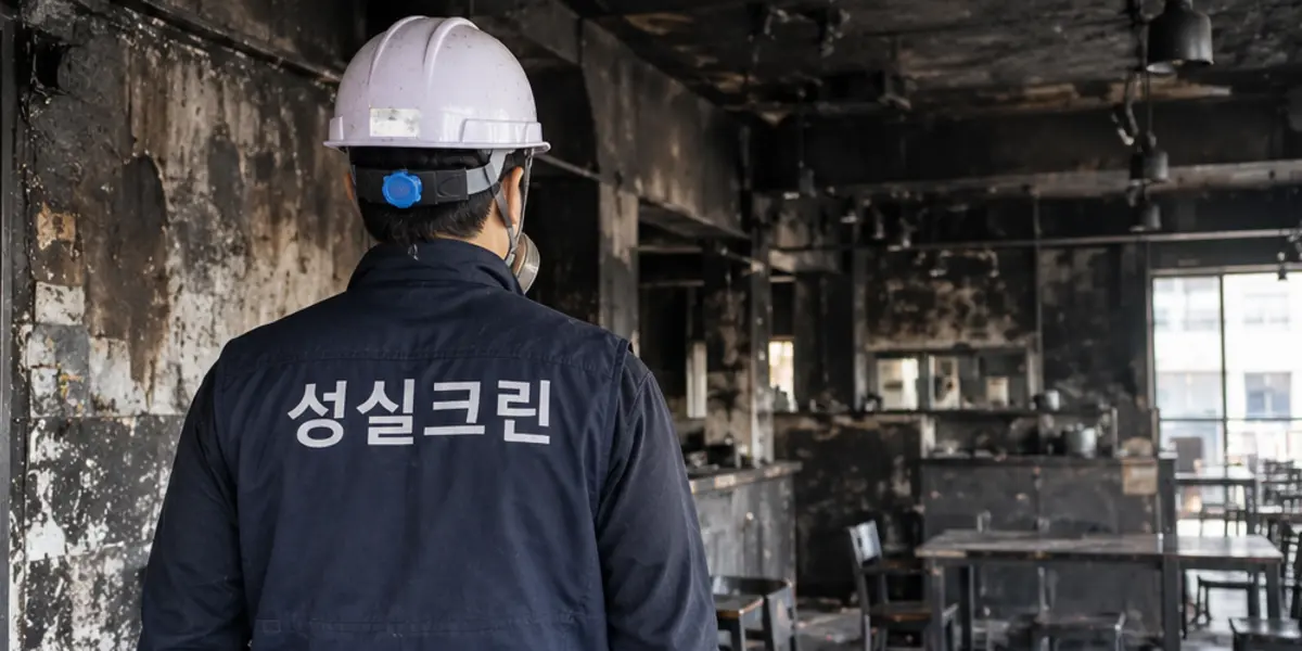 부산북구 화재청소 현장에서 곤색 성실크린 조끼를 입은 작업자가 청소하는 모습