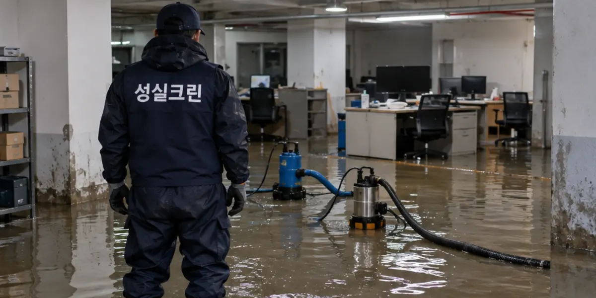 부산 침수청소·역류청소 현장에서 곤색 성실크린 조끼를 입은 작업자가 청소하는 모습