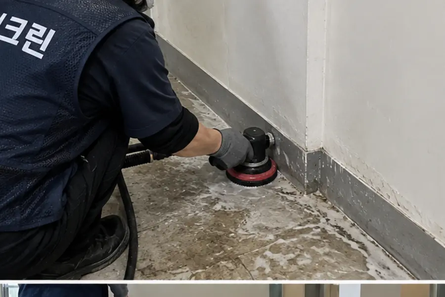 부산 바닥왁스코팅 박리·기초세정 작업 장면