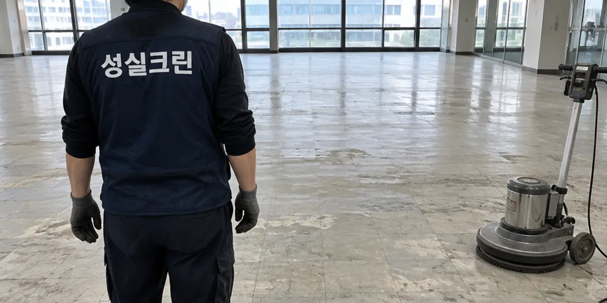 부산북구 바닥청소 현장에서 곤색 성실크린 조끼를 입은 작업자가 청소하는 모습