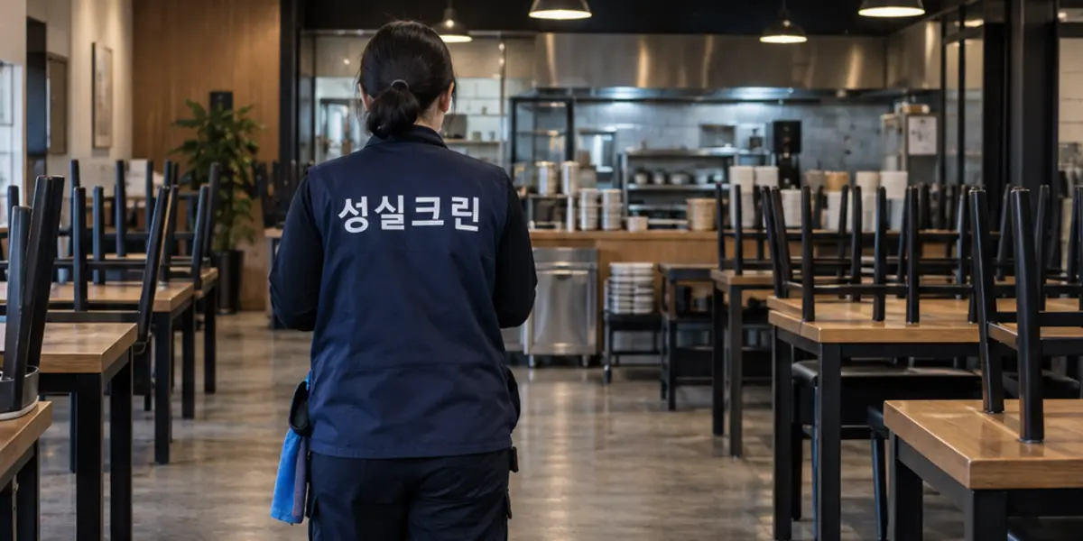 부산 식당청소 현장에서 곤색 성실크린 조끼를 입은 작업자가 청소하는 모습