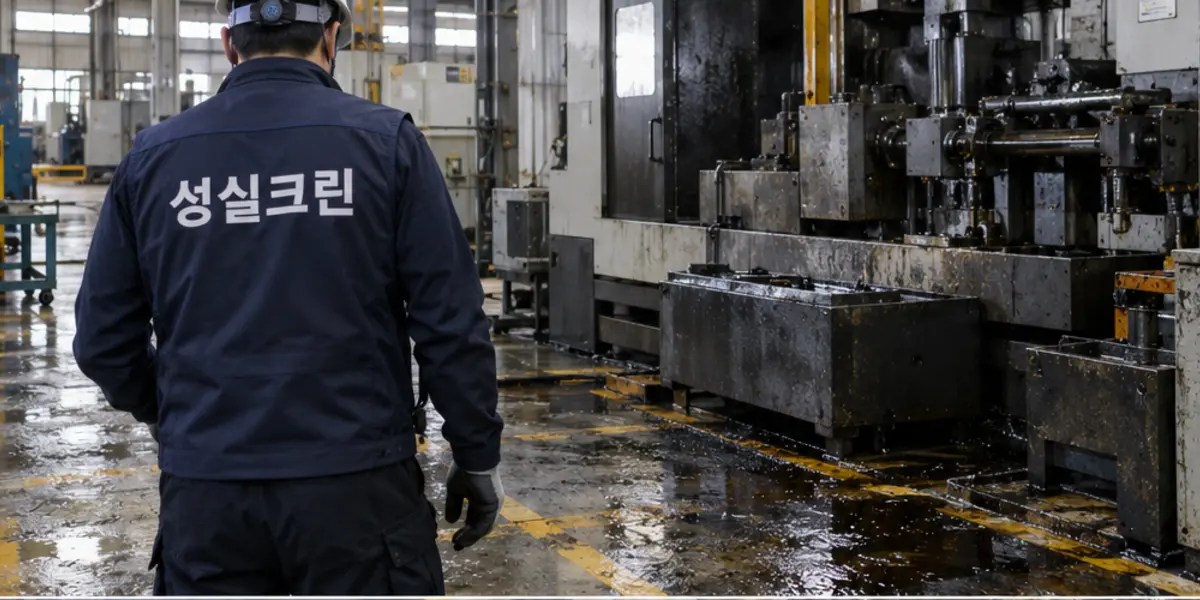 부산 기름때청소 현장에서 곤색 성실크린 조끼를 입은 작업자가 청소하는 모습