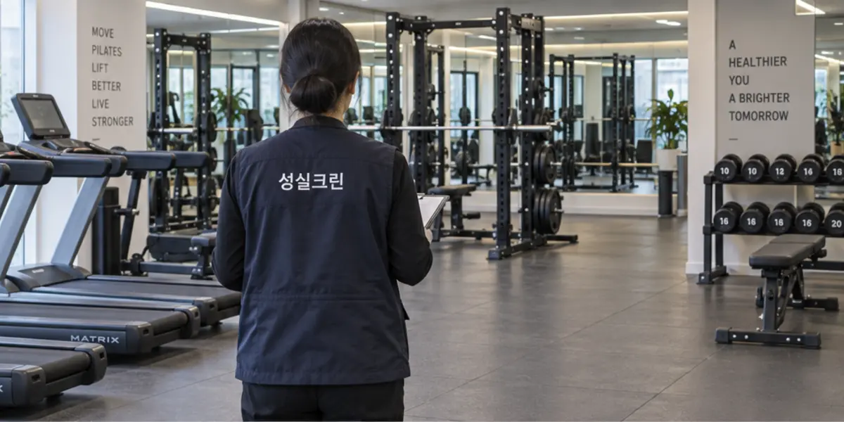 도봉구 헬스장·운동시설·필라테스·휘트니스 청소 현장에서 곤색 성실크린 조끼를 입은 작업자가 청소하는 모습