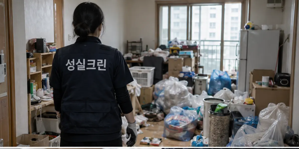부산북구 쓰레기집청소·유품정리·고독사정리 현장에서 곤색 성실크린 조끼를 입은 작업자가 청소하는 모습