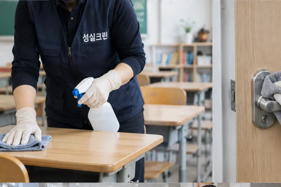 부산 관공서·학교 청소 복도·로비 바닥 작업 장면