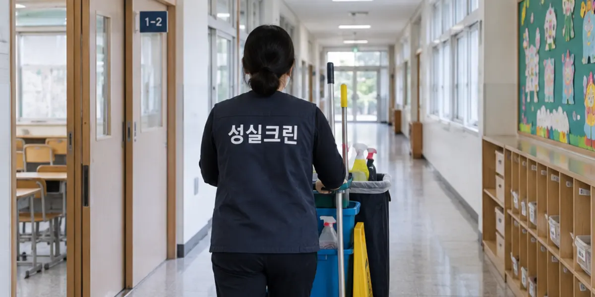 부산 관공서·학교 청소 현장에서 곤색 성실크린 조끼를 입은 작업자가 청소하는 모습