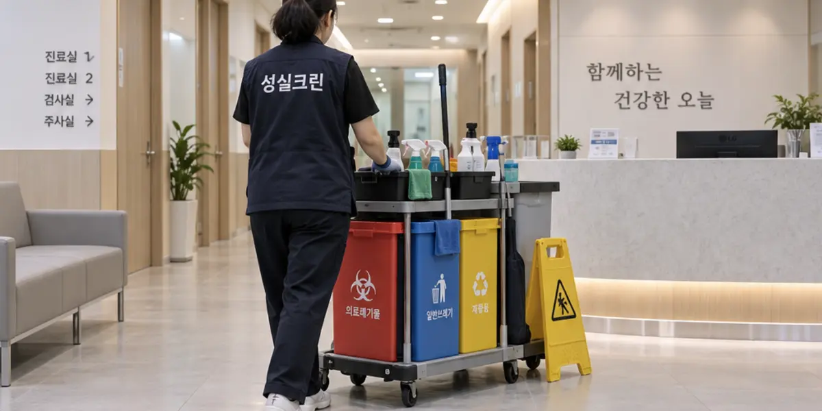 종로구 병원·동물병원·한의원 청소 현장에서 곤색 성실크린 조끼를 입은 작업자가 청소하는 모습