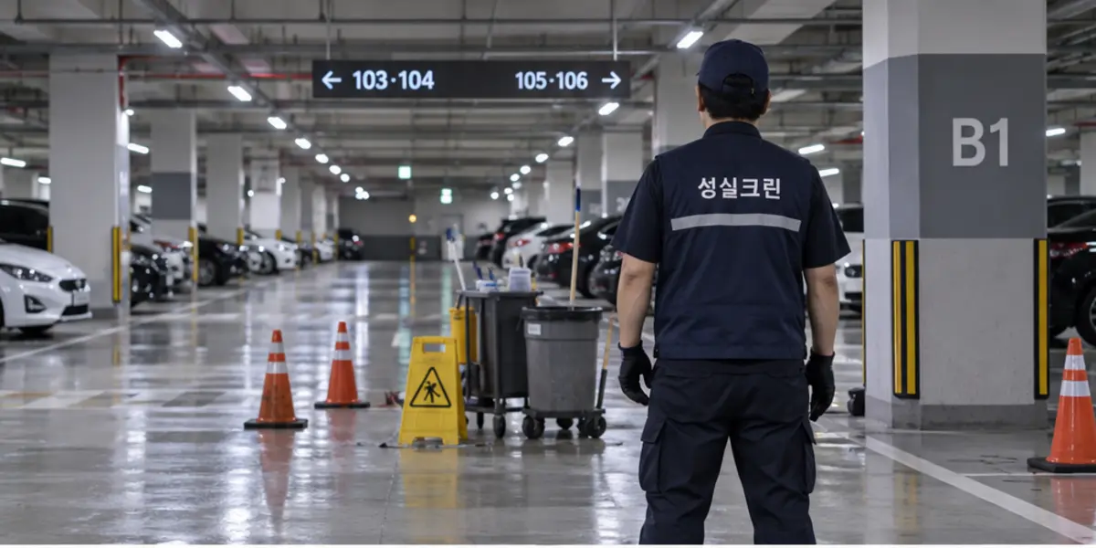도봉구 주차장청소 현장에서 곤색 성실크린 조끼를 입은 작업자가 청소하는 모습