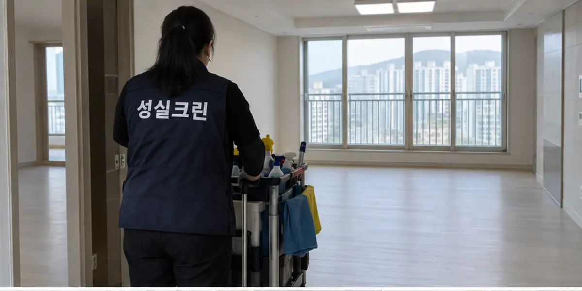 부산 아파트청소 현장에서 곤색 성실크린 조끼를 입은 작업자가 청소하는 모습