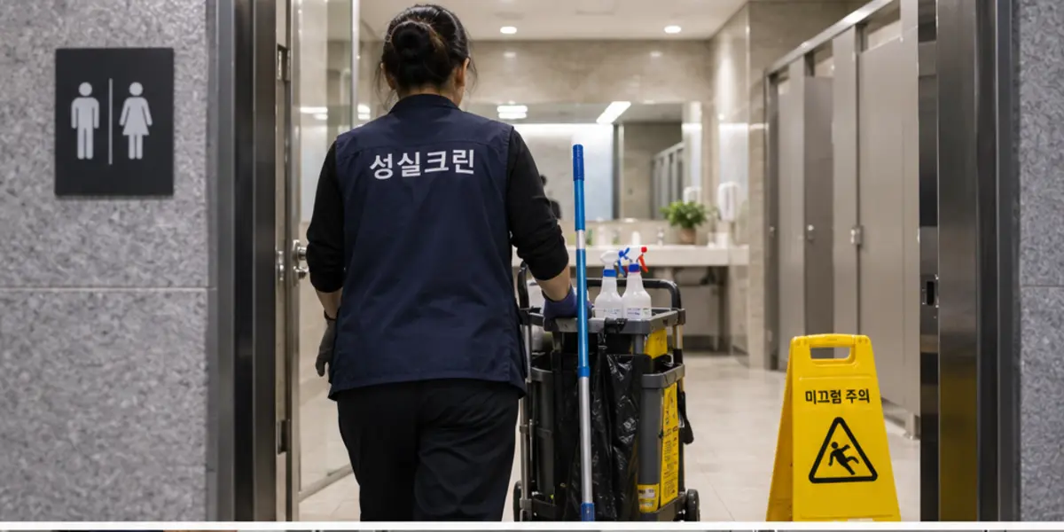 도봉구 화장실청소 현장에서 곤색 성실크린 조끼를 입은 작업자가 청소하는 모습