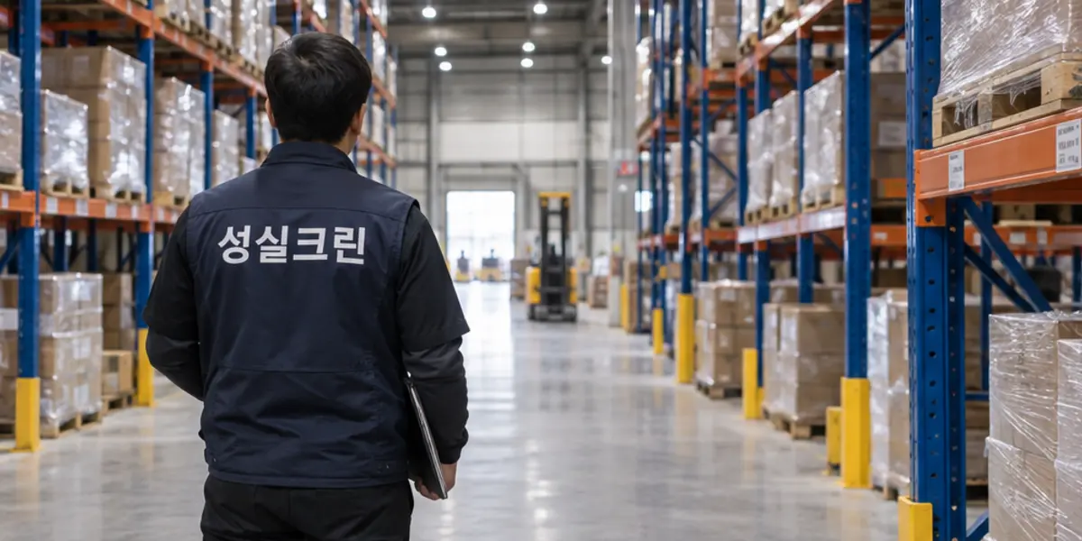 부산 물류창고청소 현장에서 곤색 성실크린 조끼를 입은 작업자가 청소하는 모습